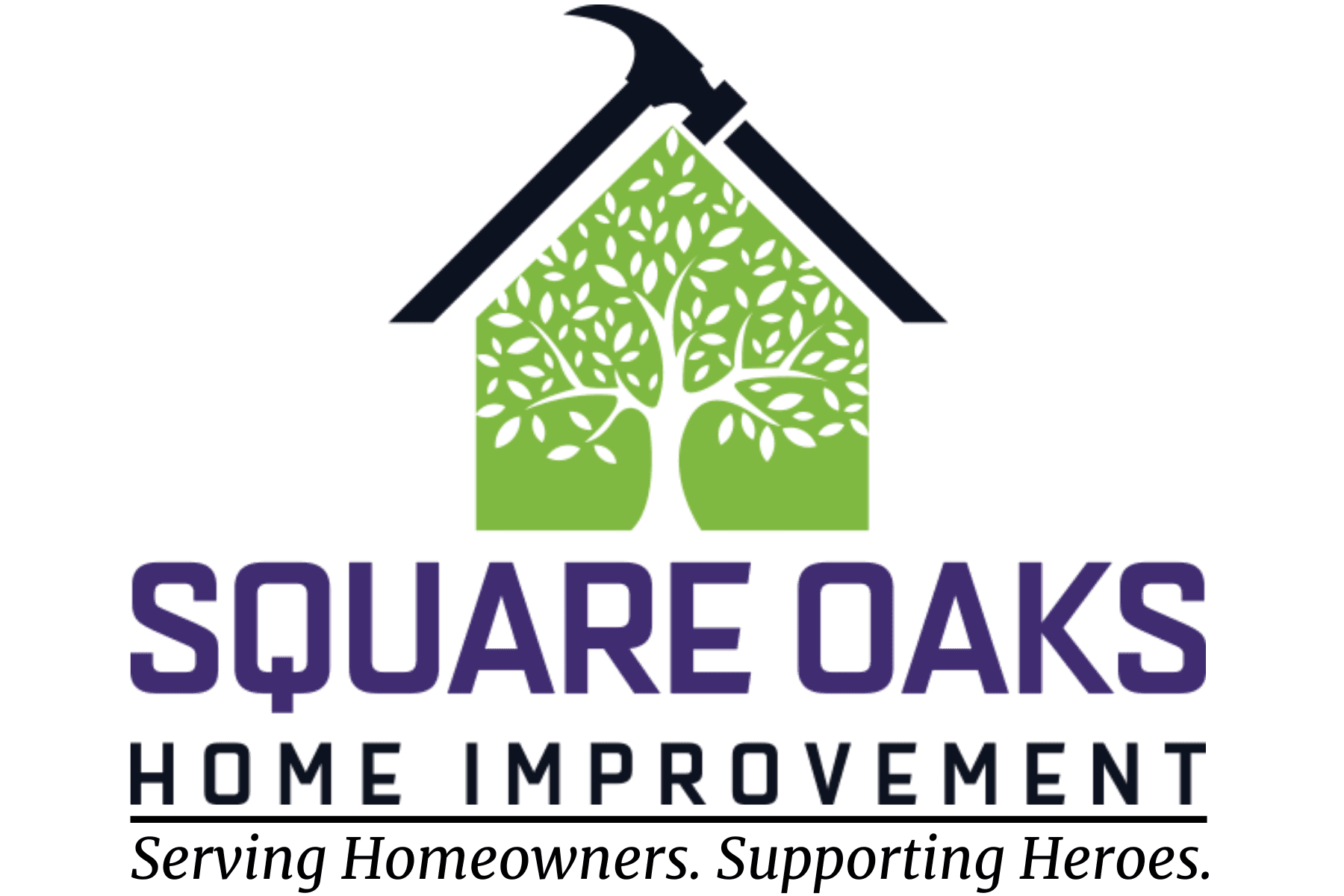 Square Oaks Home Improvement logo featuring a house silhouette with leafy trees and dark roof